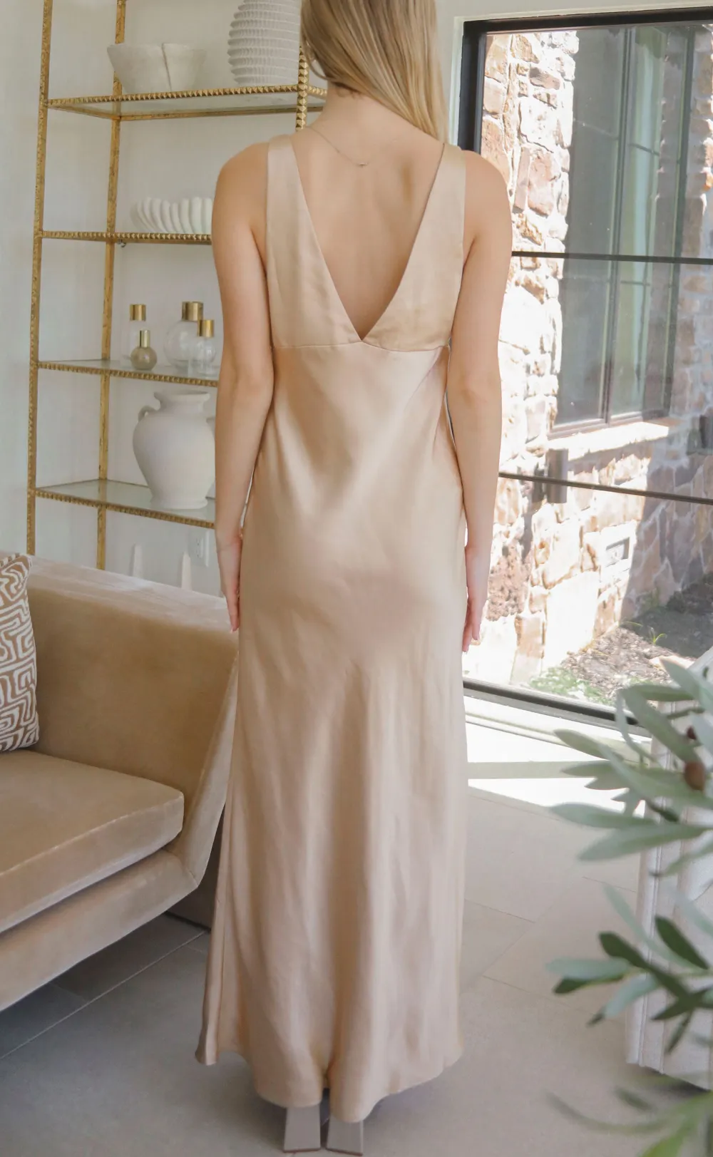 Beige V Neck Sleeveless Maxi Dress