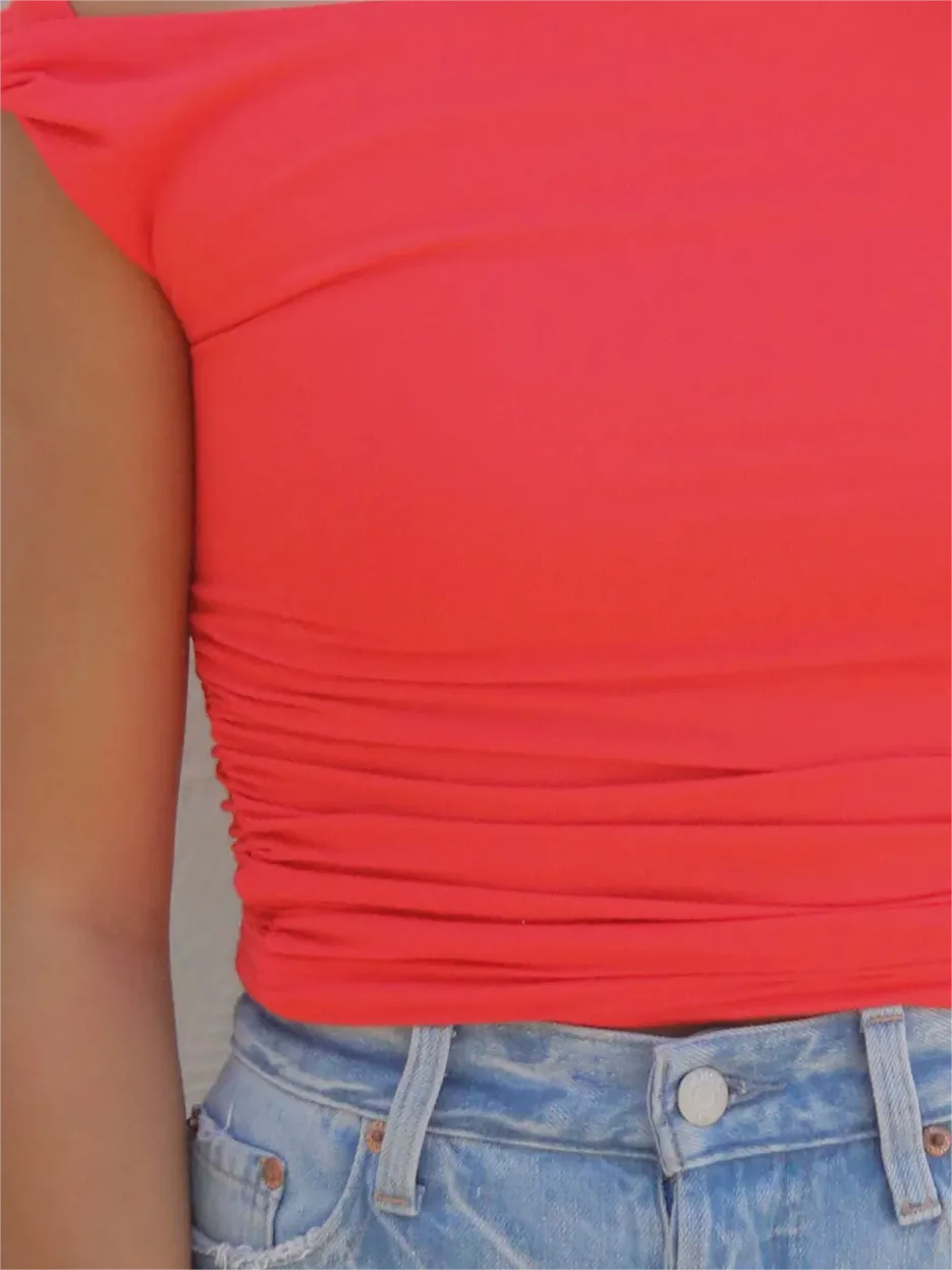 Coral Sleeveless Ruched Knit Crop Top