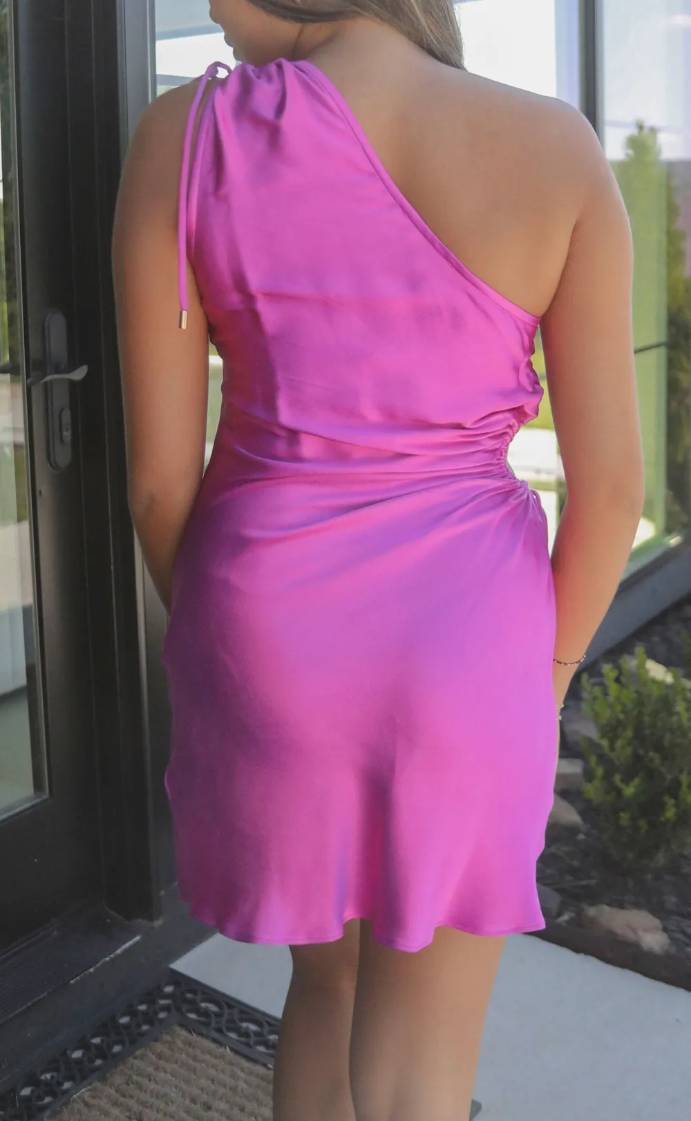 Purple One Shoulder Ruched Satin Dress