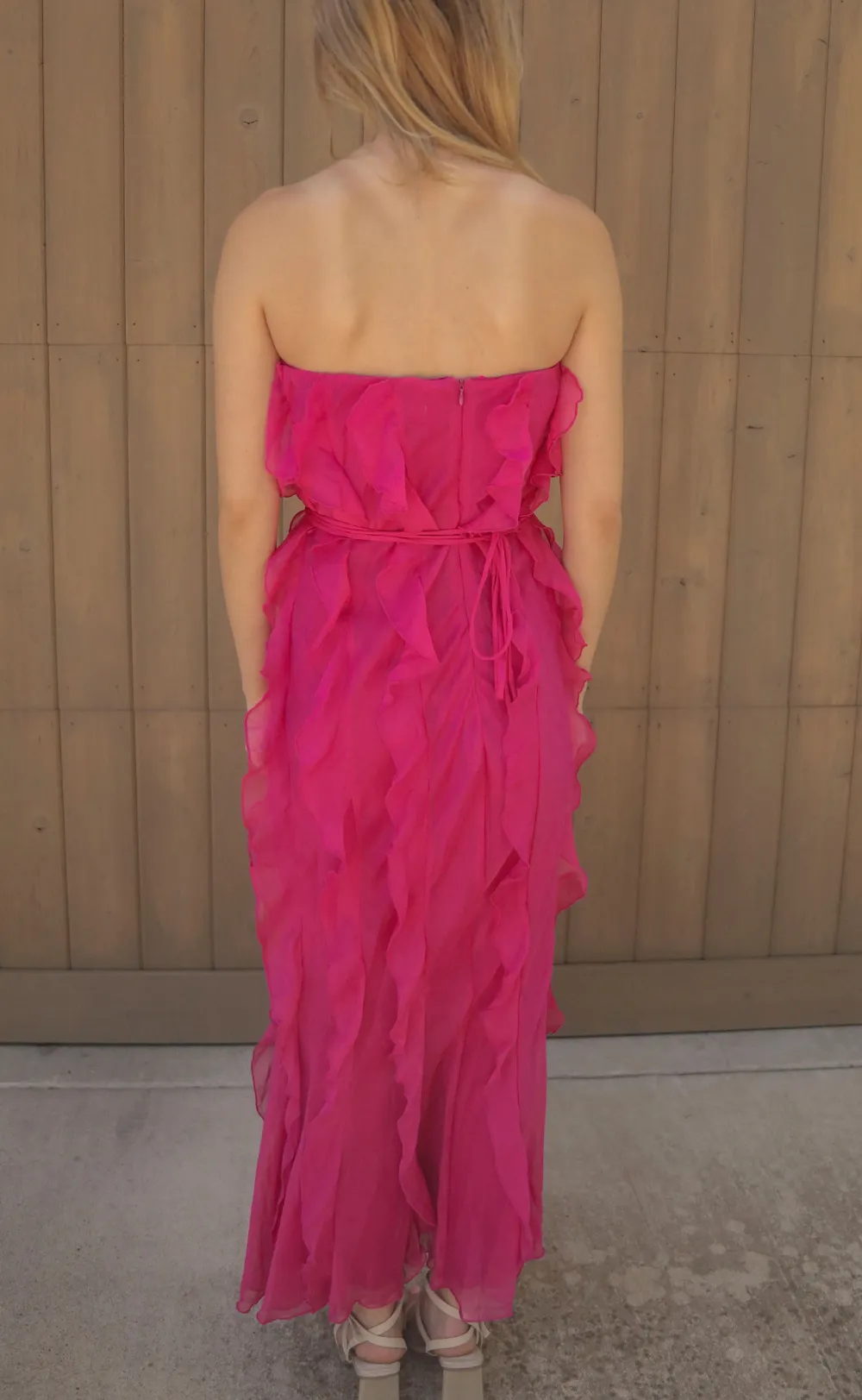 Coral Ruffled Strapless Maxi Dress