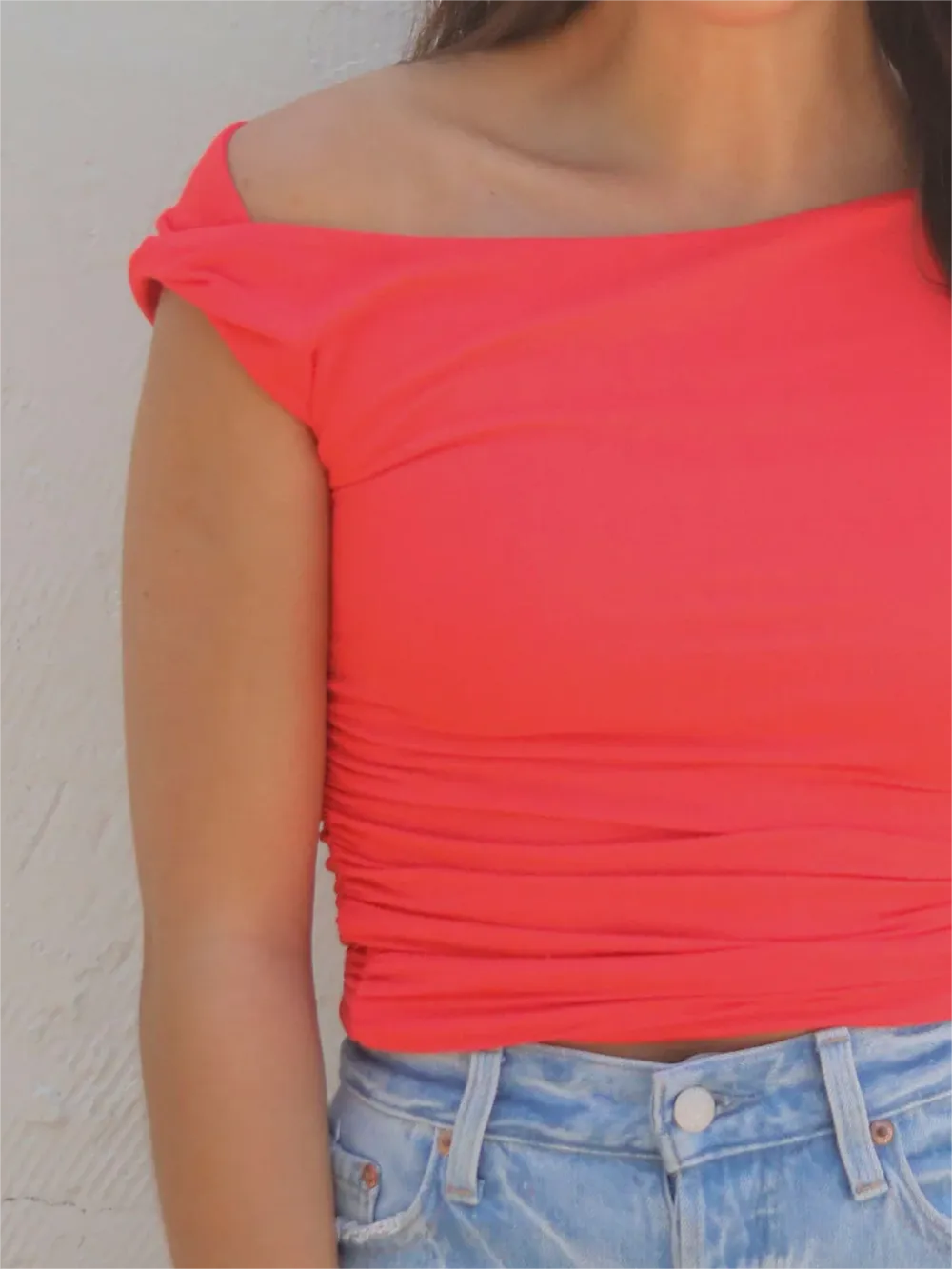 Coral Sleeveless Ruched Knit Crop Top